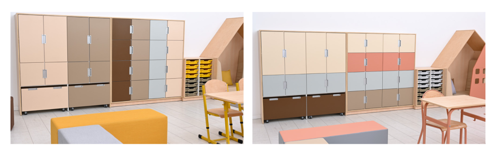 Bilden visar låsbara skåp från Quadro-kollektionen, placerade i ett klassrum.