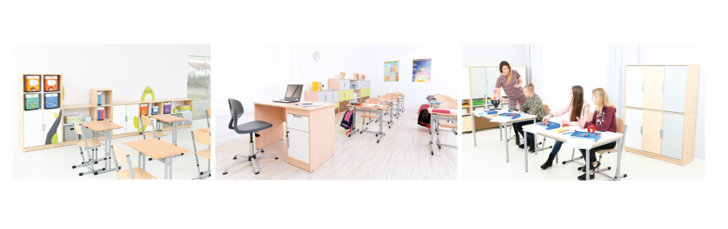Bilden visar elever som sitter vid ett skrivbord i ett klassrum inrett med möbler från Quadro.