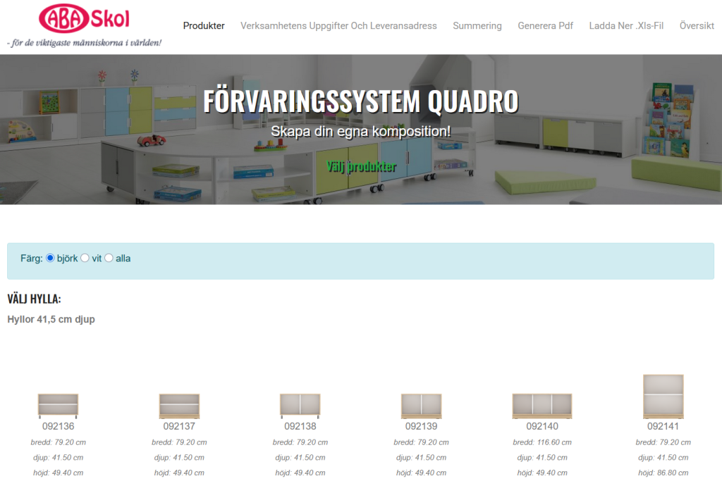 Onlinekalkylator för Förvaringssystem Quadro från ABA Skol – välj färg, hyllor och skapa egna möbelkompositioner för klassrum och förskola.